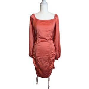 Fiest Coral Ruched Bodycon Mini Dress Square‎ Neck Long Sleeve Size L